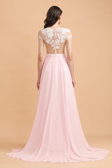 A-Line Jewel Chiffon Lace Ruffles Bridesmaid Dress with Slit-Babyonlines