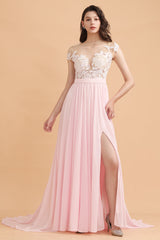 A-Line Jewel Chiffon Lace Ruffles Bridesmaid Dress with Slit-Babyonlines