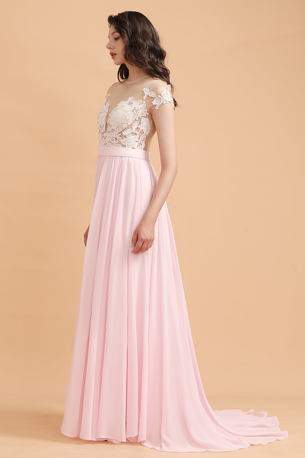 A-Line Jewel Chiffon Lace Ruffles Bridesmaid Dress with Slit-Babyonlines