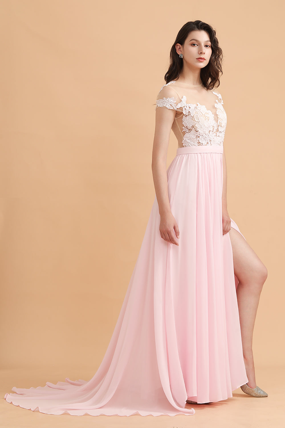 A-Line Jewel Chiffon Lace Ruffles Bridesmaid Dress with Slit-Babyonlines