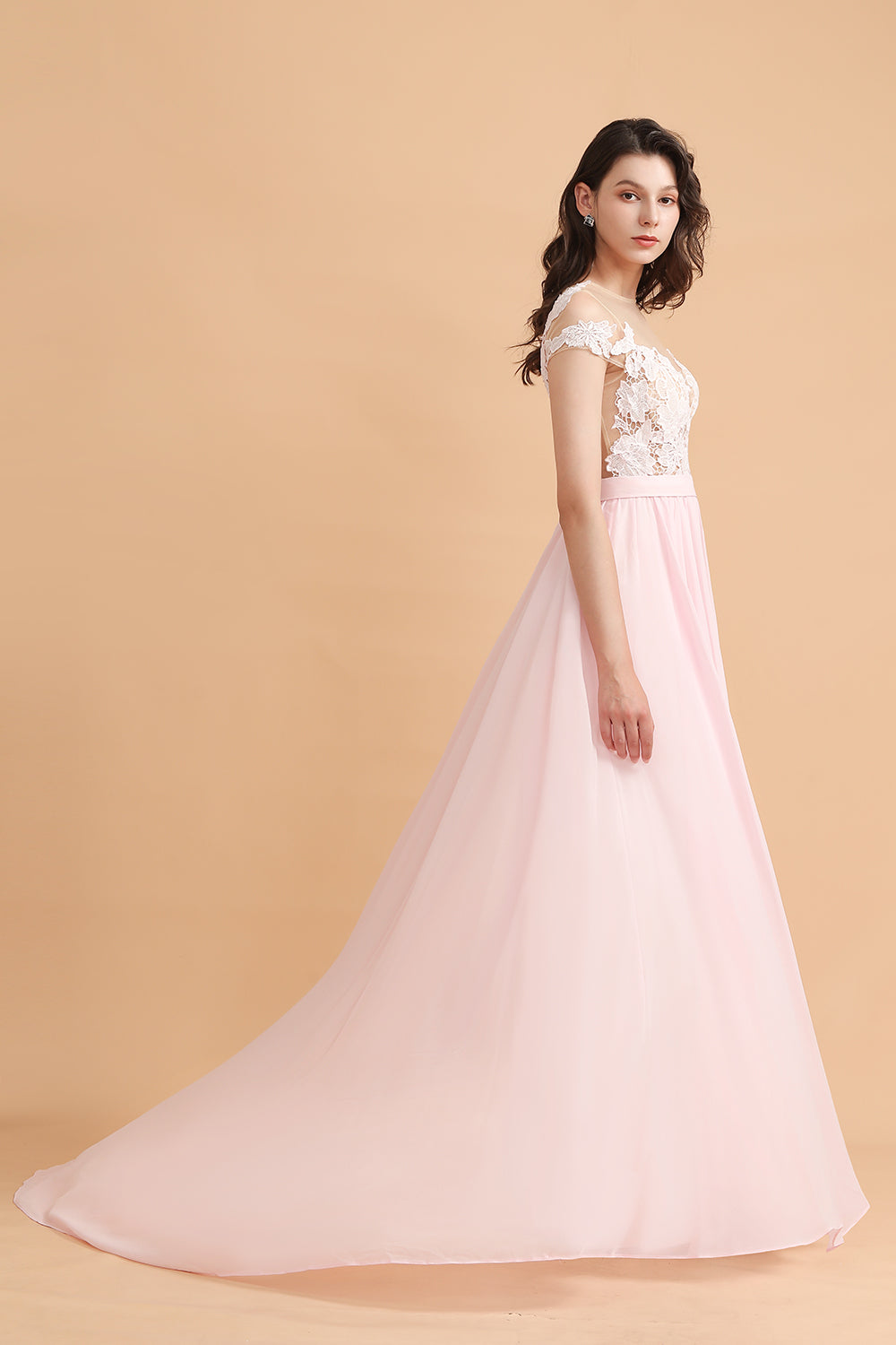 A-Line Jewel Chiffon Lace Ruffles Bridesmaid Dress with Slit-Babyonlines
