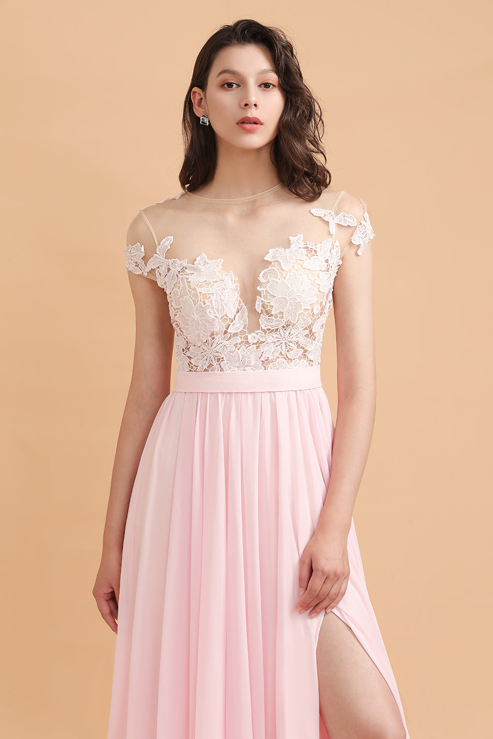 A-Line Jewel Chiffon Lace Ruffles Bridesmaid Dress with Slit-Babyonlines