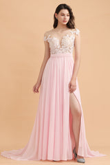 A-Line Jewel Chiffon Lace Ruffles Bridesmaid Dress with Slit-Babyonlines