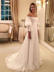 A-line Off-the-shoulder Chiffon Sweep Train Wedding Dress with Ruffles