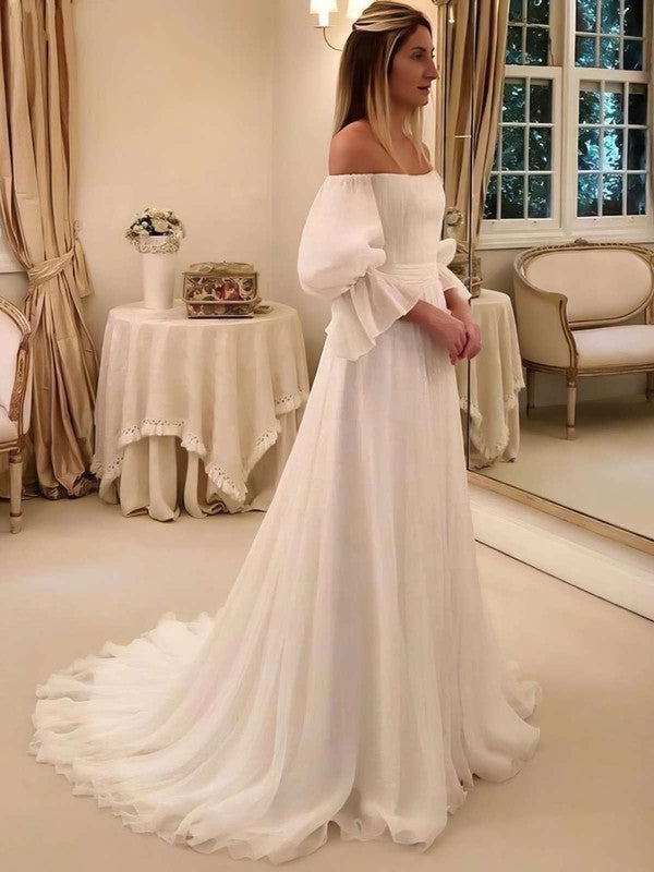 A-line Off-the-shoulder Chiffon Sweep Train Wedding Dress with Ruffles