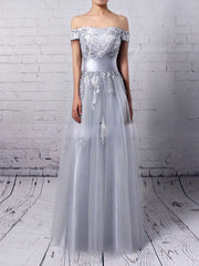 A-line Off-the-shoulder Tulle Floor-length Appliques Lace Prom Dresses
