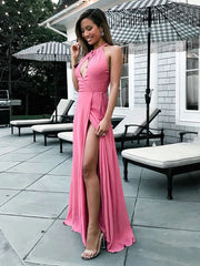 A-line Scoop Neck Chiffon Floor-length Split Front Prom Dress