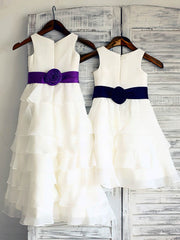 A-line Scoop Neck Chiffon Woven Satin Ankle-length Tiered Flower Girl Dress