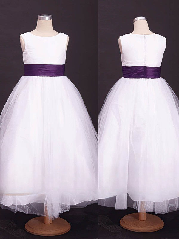 A-line Scoop Neck Flower Girl Dresses with Tulle, Elastic Woven Satin and Ankle-length Sashes / Ribbons