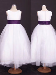A-line Scoop Neck Flower Girl Dresses with Tulle, Elastic Woven Satin and Ankle-length Sashes / Ribbons