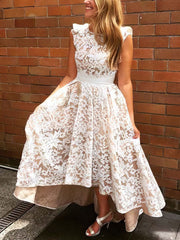 A-line Scoop Neck Lace Prom Dress with Asymmetrical Sashes / Ribbons
