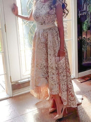 A-line Scoop Neck Lace Prom Dress with Asymmetrical Sashes / Ribbons