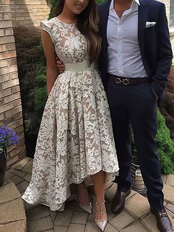 A-line Scoop Neck Lace Prom Dress with Asymmetrical Sashes / Ribbons