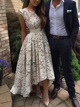 A-line Scoop Neck Lace Prom Dress with Asymmetrical Sashes / Ribbons