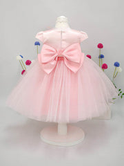 A-Line Scoop Neck Lace Tulle Elastic Woven Satin Ankle-Length Bow Flower Girl Dress