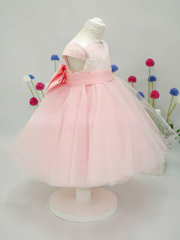 A-Line Scoop Neck Lace Tulle Elastic Woven Satin Ankle-Length Bow Flower Girl Dress