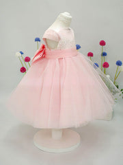 A-Line Scoop Neck Lace Tulle Elastic Woven Satin Ankle-Length Bow Flower Girl Dress