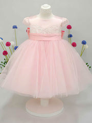 A-Line Scoop Neck Lace Tulle Elastic Woven Satin Ankle-Length Bow Flower Girl Dress