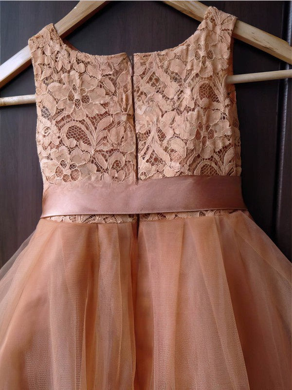 A-Line Scoop Neck Lace Tulle Sashes & Ribbons Ankle-Length Flower Girl Dresses