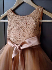 A-Line Scoop Neck Lace Tulle Sashes & Ribbons Ankle-Length Flower Girl Dresses