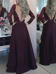 A-line Scoop Neck Satin Floor-length Prom Dress with Lace Appliques