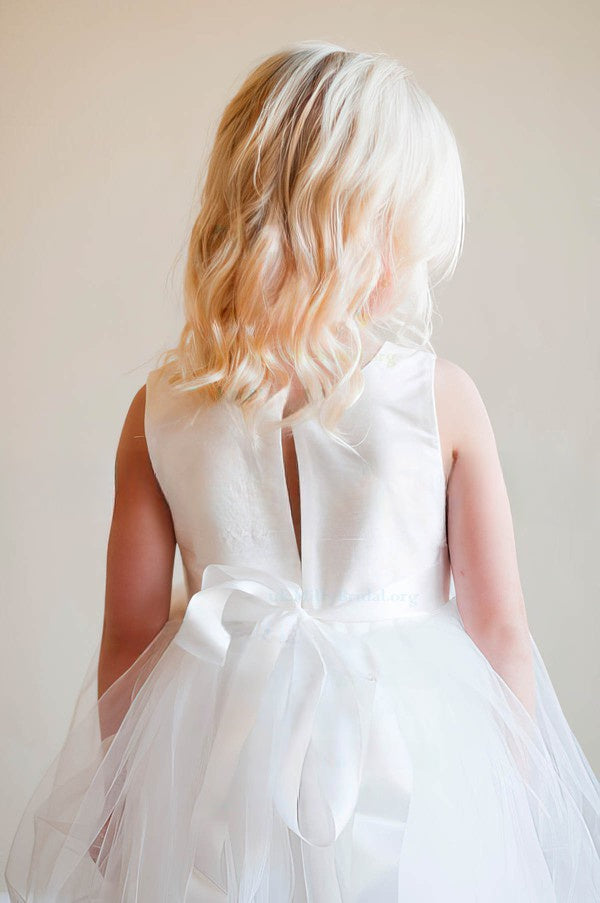 A-line Scoop Neck Satin Tulle Ankle-length Sashes / Ribbons Flower Girl Dress