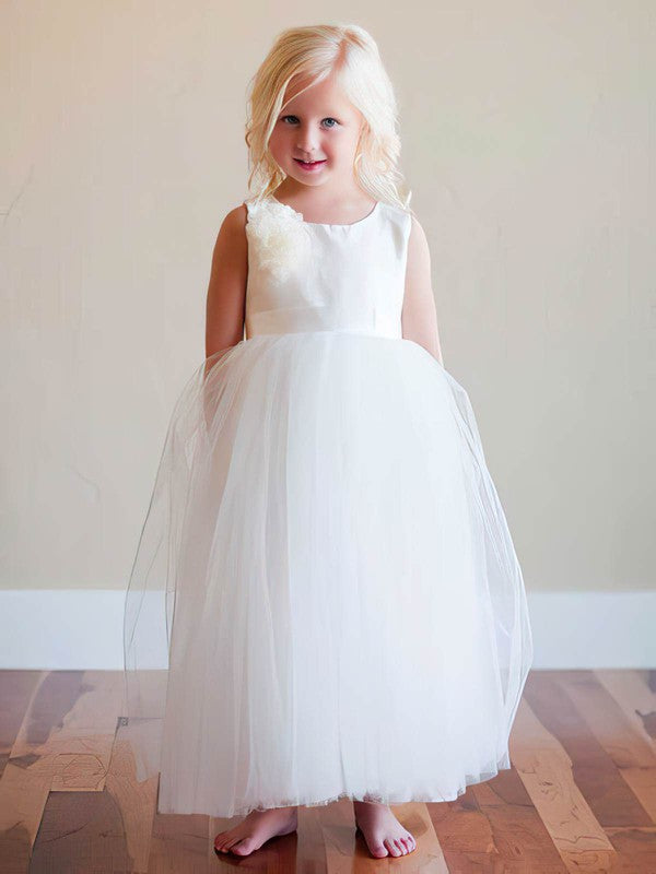 A-line Scoop Neck Satin Tulle Ankle-length Sashes / Ribbons Flower Girl Dress