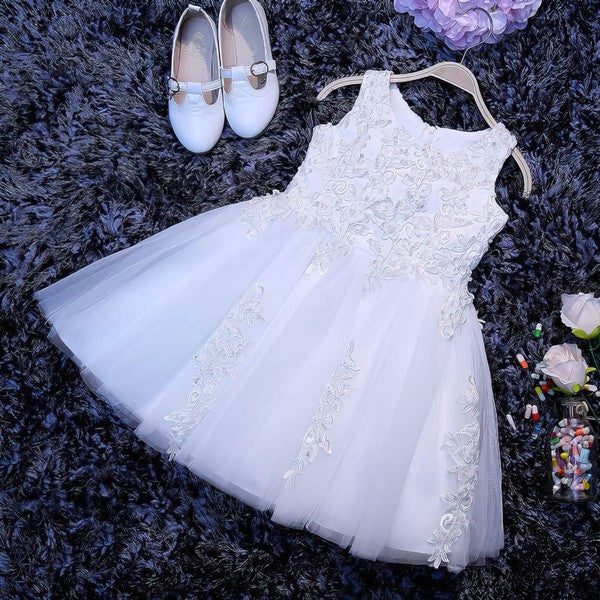 A-line Scoop Neck Tulle Appliques Lace Tea-length Flower Girl Dresses in Wholesale