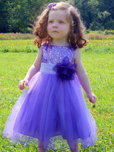 A-line Scoop Neck Tulle Sequined Sashes / Ribbons Tea-length Sweet Flower Girl Dresses