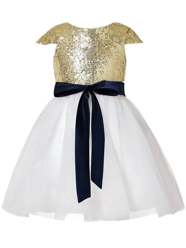 A-line Scoop Neck Tulle Sequined Sashes/Ribbons Flower Girl Dresses for Online Shopping