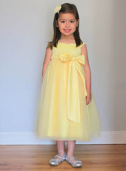 A-line Scoop Neck Tulle Tea-length Bow Flower Girl Dresses