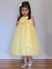 A-line Scoop Neck Tulle Tea-length Bow Flower Girl Dresses