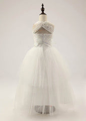 A-line Square Neckline Lace Tulle Floor-length Ruffles Flower Girl Dress