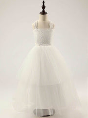 A-line Square Neckline Lace Tulle Floor-length Ruffles Flower Girl Dress