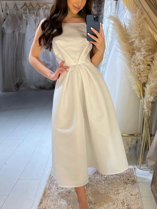 A-line Square Neckline Satin Tea-length Wedding Dresses