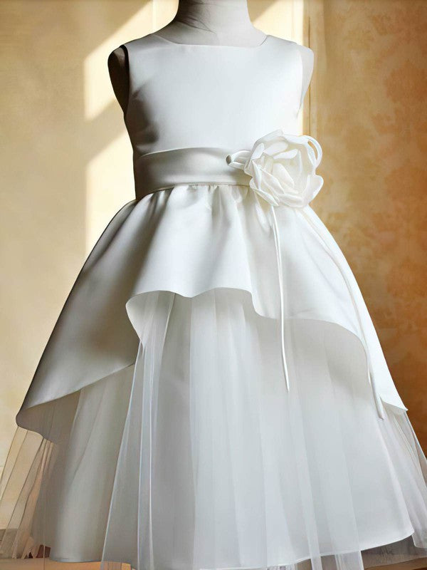A-line Square Neckline Satin Tulle Ankle-length Ruffles Flower Girl Dresses