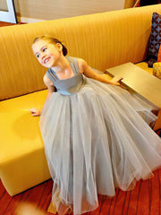 A-line Square Neckline Tulle Floor-length Flower Girl Dress with Sashes / Ribbons