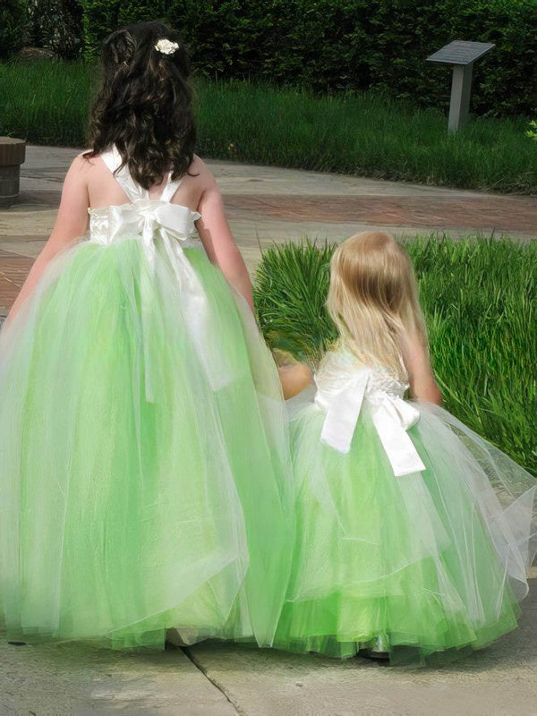 A-Line Square Neckline Tulle Flower Girl Dress with Bow