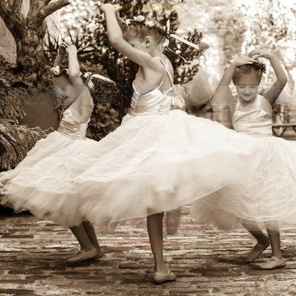 A-line Square Neckline Tulle Ruffles Tea-length Flower Girl Dresses