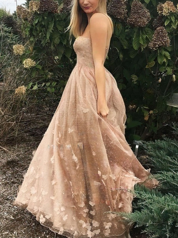 A-Line Strapless Tulle Sweep Train Flower Prom Dress