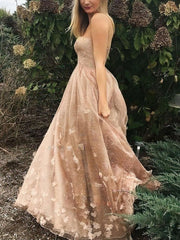 A-Line Strapless Tulle Sweep Train Flower Prom Dress