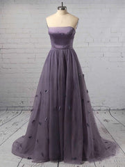 A-Line Strapless Tulle Sweep Train Flower Prom Dress