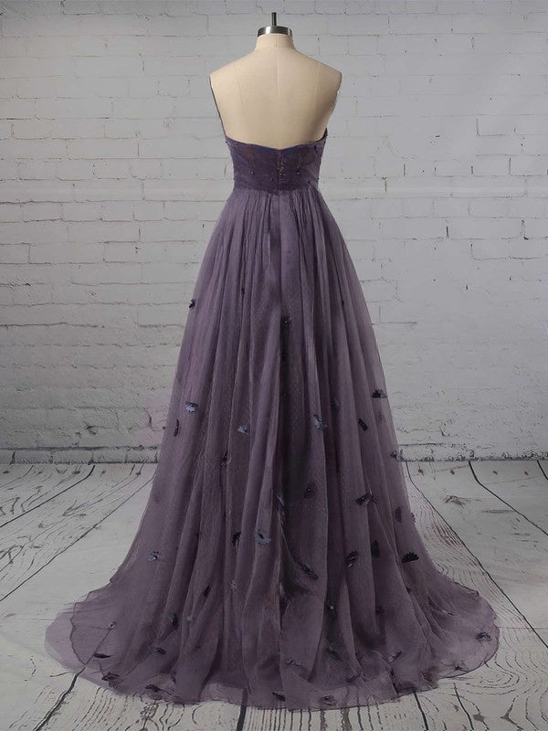 A-Line Strapless Tulle Sweep Train Flower Prom Dress