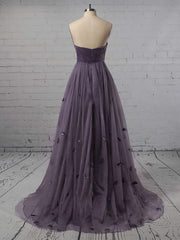 A-Line Strapless Tulle Sweep Train Flower Prom Dress