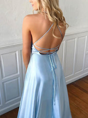A-Line Sweep Train Scoop Neck Satin Split Front Prom Dresses