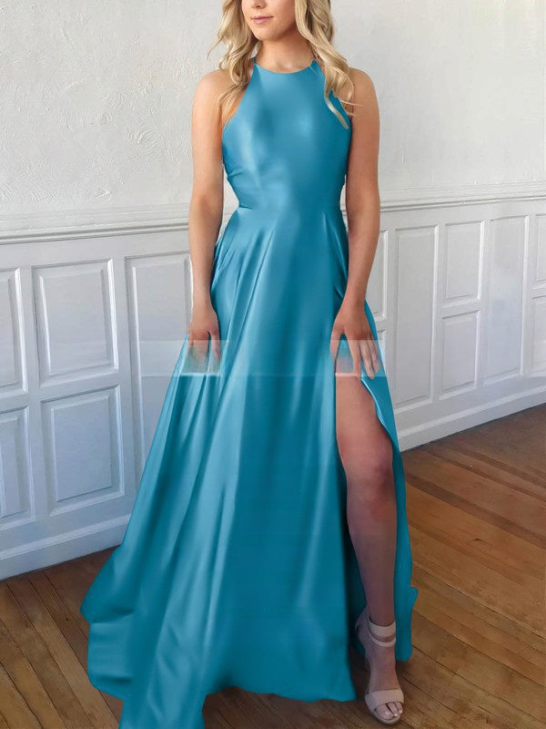 A-Line Sweep Train Scoop Neck Satin Split Front Prom Dresses