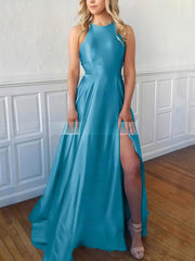 A-Line Sweep Train Scoop Neck Satin Split Front Prom Dresses