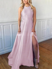 A-Line Sweep Train Scoop Neck Satin Split Front Prom Dresses