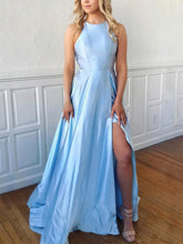 A-Line Sweep Train Scoop Neck Satin Split Front Prom Dresses