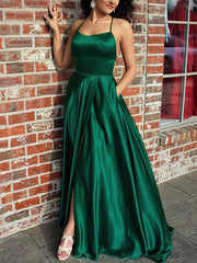 A-line Sweep Train Scoop Neck Silk-like Satin Pockets Prom Dresses